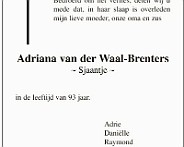 Jeanne van der Waal-Brenters  Overlijdingsbericht van Jeanne van der Waal-Brenters 21 juli 2012